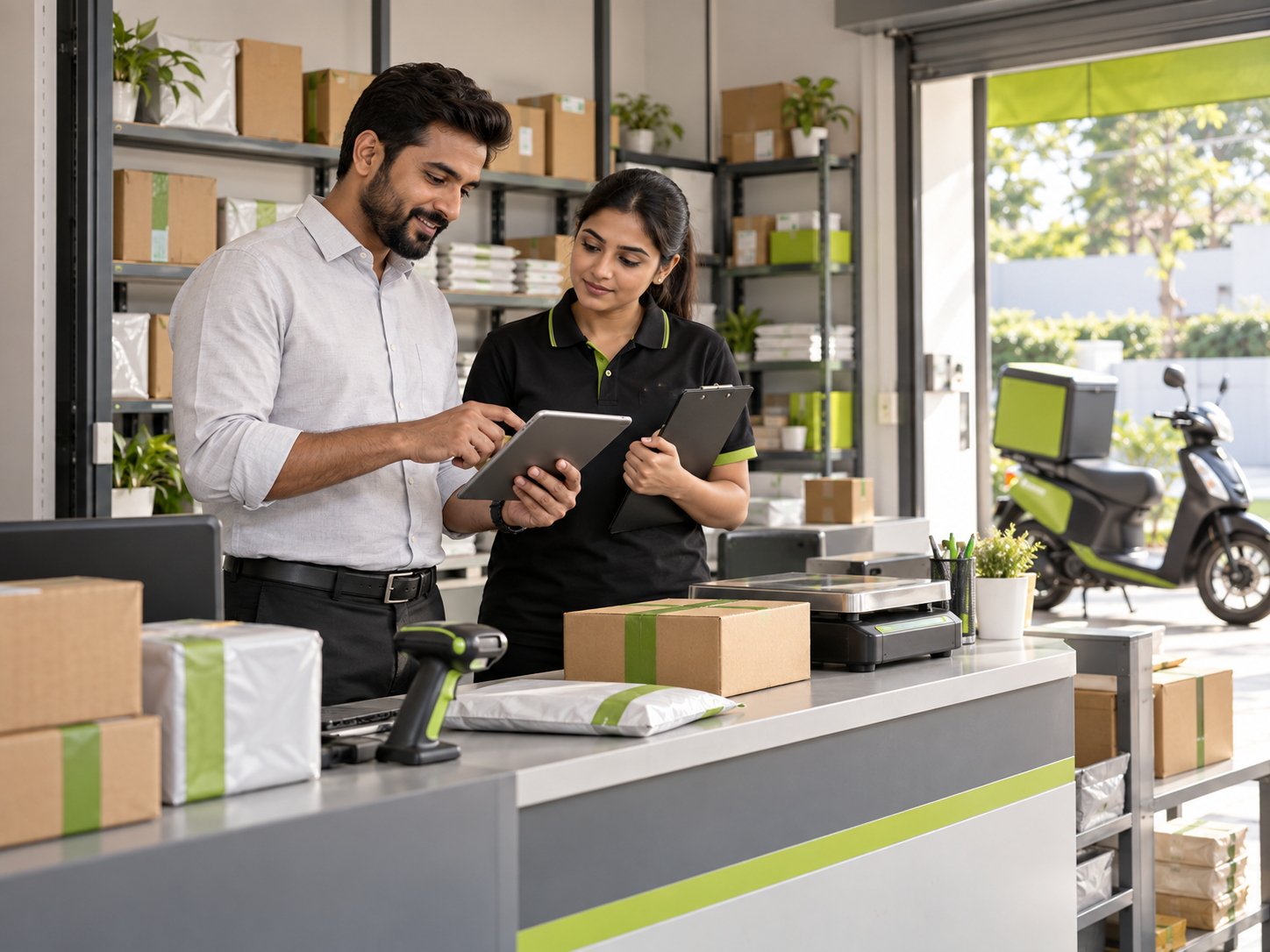 Entrepreneur reviewing courier franchise outlet readiness with an operations advisor