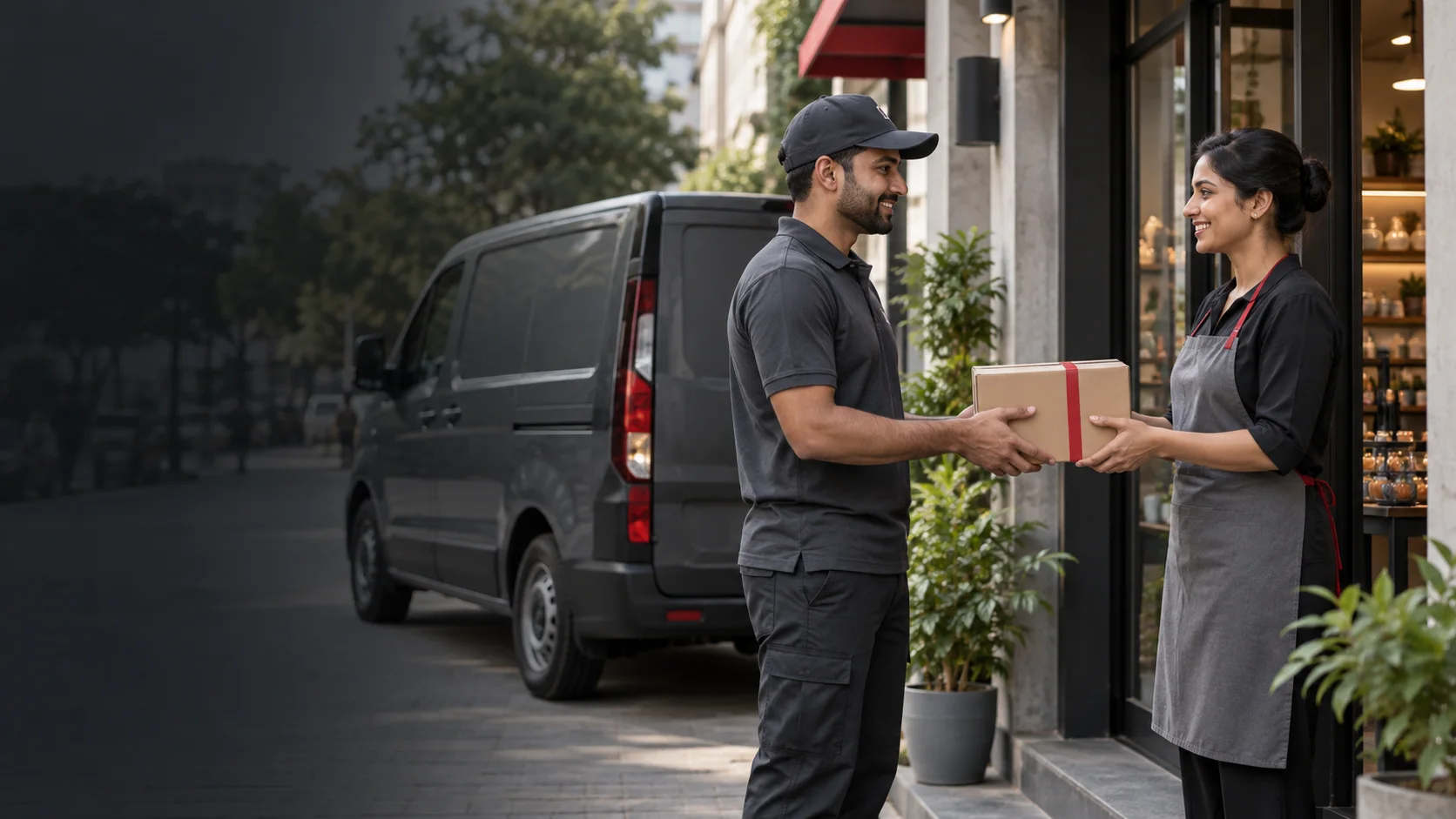 Courier handing over a parcel to a small business